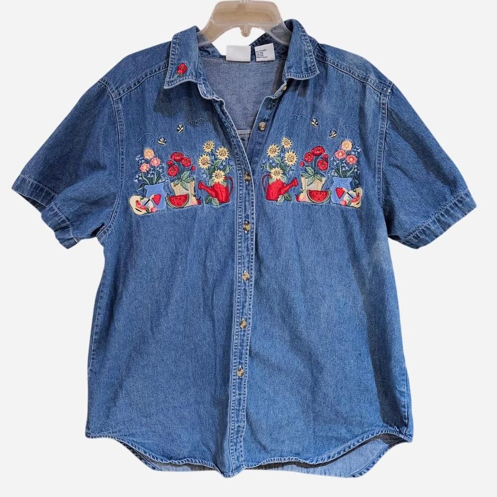 90s cottagecore grandmacore embroidered floral denim shirt